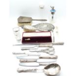 Hallmarked silver and white metal handled and mounted items to include guilloché enamel atomiser,