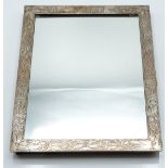 White metal framed easel backed mirror with scrolling engraved decoration, impressed Sterling, IND