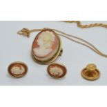 A 9ct gold chain, 9ct gold rope twist necklace (6g), 18ct gold stud (0.7g) cameo brooch and