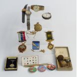 A collection of watches and bijouterie including a hallmarked silver pocket watch, Masonic medals,