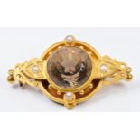 Victorian yellow metal brooch set with quartz and seed pearls, W- 2.5cm x L - 4cm, 8.2g