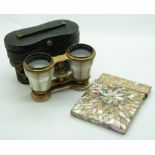 Mother of pearl and abalone card case with geometric decoration together with a pair of mother of