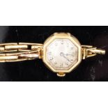 Art Deco style 9ct gold ladies wristwatch with blued hands, black Arabic numerals, octagonal