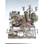 Quantity of silver plate to include wine coaster, large sugar sifter, toast racks, glass based tray,