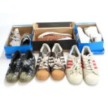 Five pairs of Addias trainers including Superstar (UK 5), white and green Stan Smith (UK 9.5),