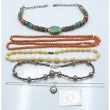 Chinese mother-of-pearl counter, white metal, turquoise and coral necklace, coral, ivory and further