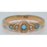 Edwardian 15ct gold ring set with turquoise and seed pearls, 3.2g, size Q