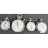 Four keyless winding open faced pocket stop watches comprising Nero Lemania, two Smiths and one