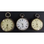 Three hallmarked silver open faced pocket watches all with subsidiary seconds dials, gold hands,