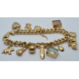 A 9ct gold charm bracelet with thirteen charms including a heart, banknote charms etc, 41.3g