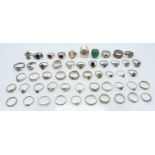 Over 45 silver rings set with a cameo, turquoise, garnet, malachite, etc
