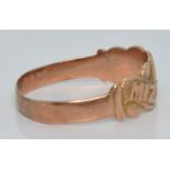 Edwardian 9ct rose gold Mizpah ring set with a sapphire, 2.1g, size Q