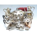 Large collection of plated ware including a large domed cover, height 22cm, Victorian tea set,