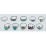 Ten silver rings set with amethyst, tanzanite, turquoise and blue diamond, zircon, aquaprase,