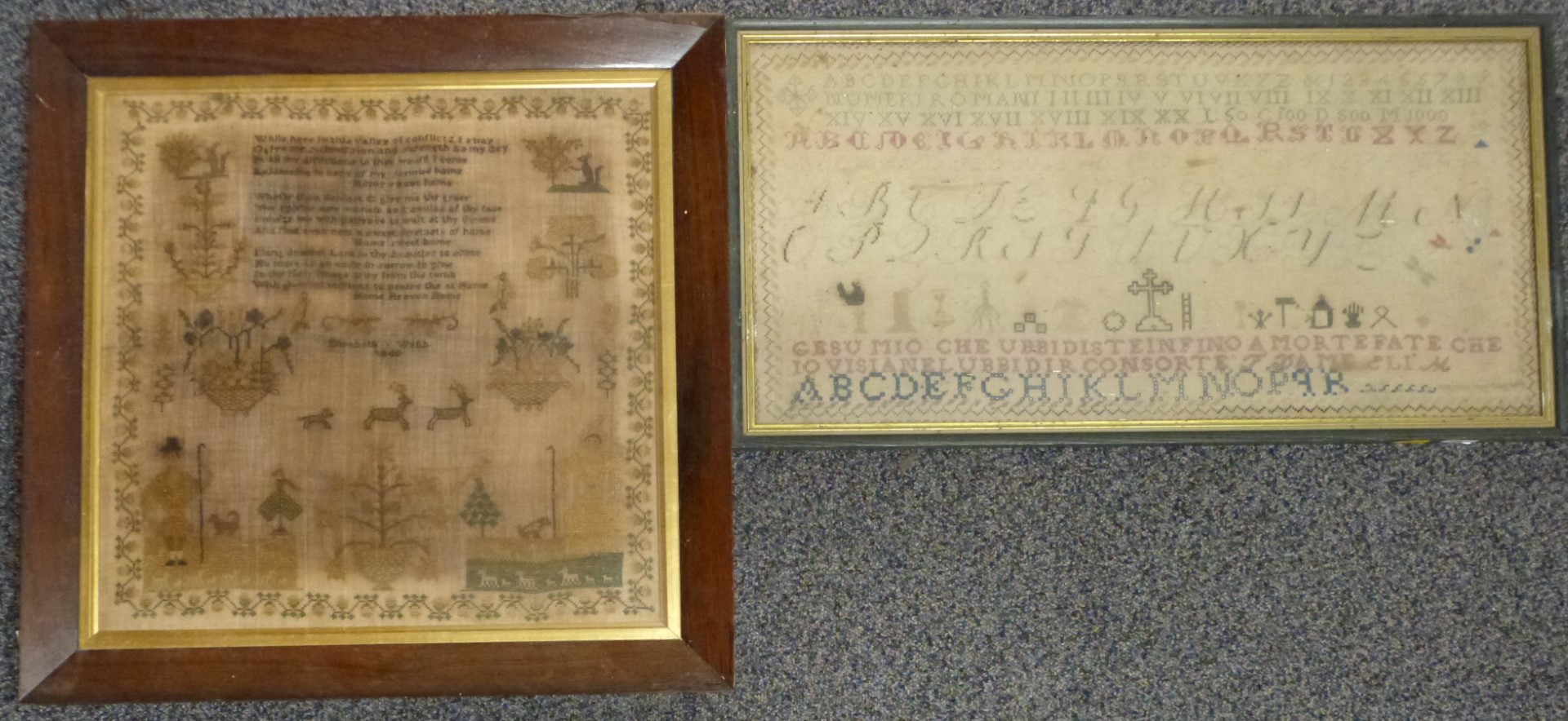 Two Victorian embroidery samplers, one Elizabeth Webb, 1846, largest 39 x 37cm