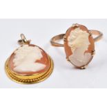 A 9ct gold pendant and ring set with a cameo, 4.9g