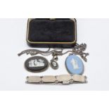 A silver bracelet, two silver Wedgwood necklace and a Wedgwood brooch