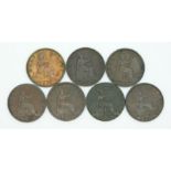 1860 Victoria young head halfpennies, various types including toothed and beaded borders, various