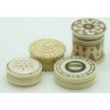 Four 19thC Indian Madras ware ivory turned and carved whist counter containers, one marked thus,