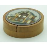 Micromosaic lidded turned wood grand tour circular patch box depicting a ruined building / abbey,