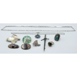 Two silver brooches set with Blue John, a glass brooch, other silver brooches, a silver and 9ct gold