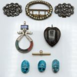 Victorian cut steel buckle, paste buckle, agate heart shaped pendant, scarab beetles and a yellow