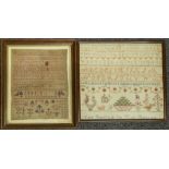 William IV embroidery sampler by Sarah Ann Wood 1833, and another of the same date, largest 29 x