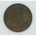 1862 Queen Victoria young head halfpenny, die letter 'C' left of lighthouse base, VF+, extremely