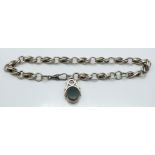 Edwardian silver fob set with bloodstone and agate and a large silver chain, 71g. L- 40cm