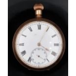 Gold plated keyless winding open faced pocket watch with subsidiary seconds dial, gold hands,
