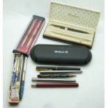 Twelve various pens and propelling pencils to include Pelikan, Parker 17, Unique and various