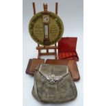 Japanese handbag with embroidered Mount Fuji decoration and mirror to inside of lid, two leather