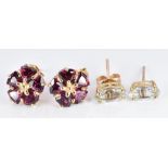 A pair of 9ct gold earrings set with five trilliant cut rhodolite to each and a pair of 9ct gold