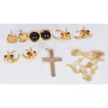 A 9ct gold cross and three pairs of 9ct gold earrings, 2.7g