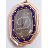Georgian rose gold pendant/ brooch set with hair, diamonds in a 'D' and blue enamel, in original box