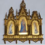 A 19th/20thC triptych icon with Gothic Revival giltwood decoration, 48 x 40cm