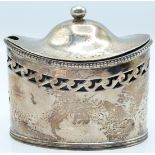 Georgian hallmarked silver mustard with neoclassical decoration and blue glass liner, London 1786