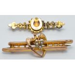 Edwardian 9ct gold brooch set with seed pearls,length 4.5cm and a 9ct gold horseshoe brooch,