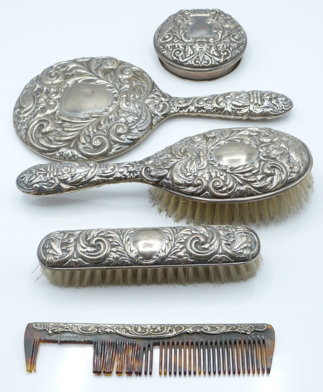 Hallmarked silver mounted dressing table items comprising pair of candlesticks, Birmingham 1984, - Image 4 of 7