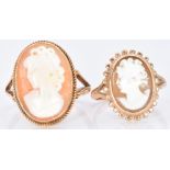 Two 9ct gold rings each set with a cameo, 6.2g, size K and O