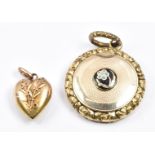 A 15ct gold heart pendant with raised floral decoration and a Victorian locket set with an enamel