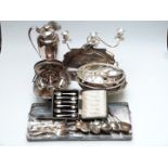Plated ware including oblong tray, length 52cm, Goldsmiths tray, length 34cm, large lidded Pimms