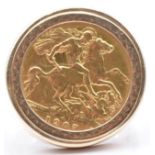 A 1907 gold half sovereign in 9ct gold ring mount, 10.7g, size R