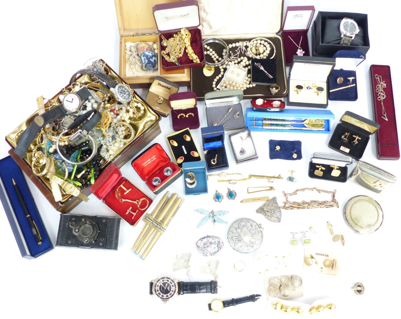 A collection of costume jewellery, some silver including filigree brooch, rings, necklaces, chain