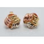 A pair of 9ct gold tri-coloured knot earrings, 0.6g