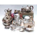 Quantity of silver plated ware including tea set, serving dish, tankards, cased cutlery including