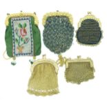 Five 19thC embroidery, beadwork and chain link purses with decorative gilt clasps, largest 12 x 8cm