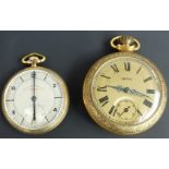 Two gold plated keyless winding open faced pocket watches, one Smiths with engraved decoration and