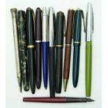 Vintage pens and pencils including Parker Slimfold with 14k gold nib, Waterman's green marbled
