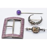 A silver buckle set with enamel, Victorian crescent brooch, moss agate brooch and an amethyst